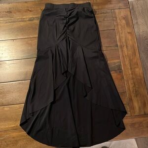 High Waisted Ruched Ruffle Hem High Low Flowy Maxi skirt